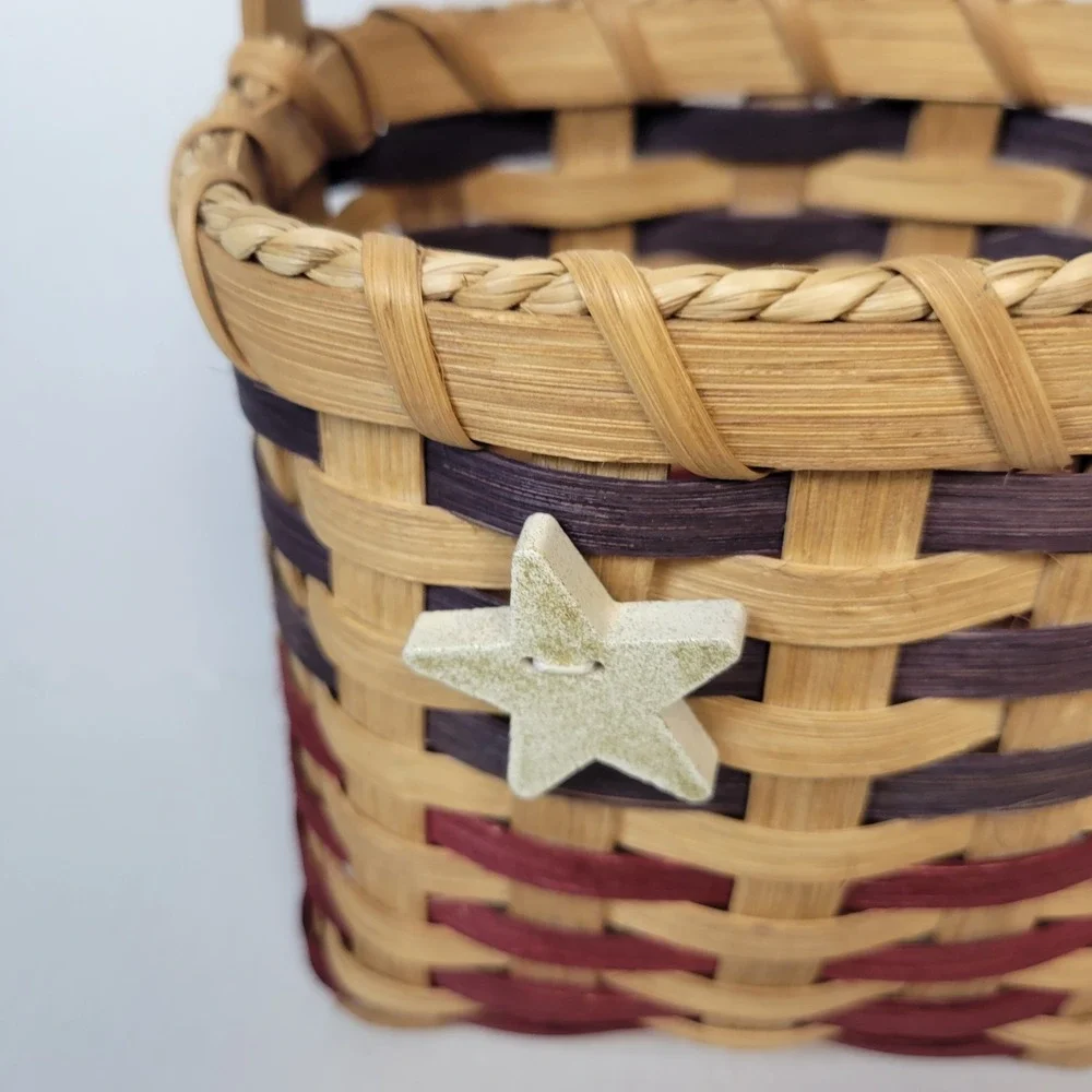 Vintage Handwoven Patriotic Americana Small Flag Basket Red Blue Star Handle USA